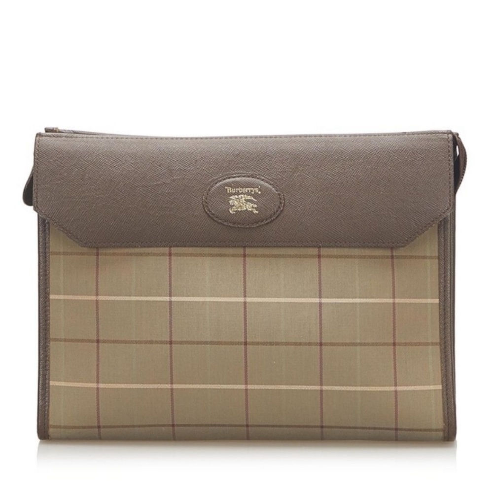 Burberry Vintage Brown Plaid Canvas Authentic Designer Clutch Shoulder Bag